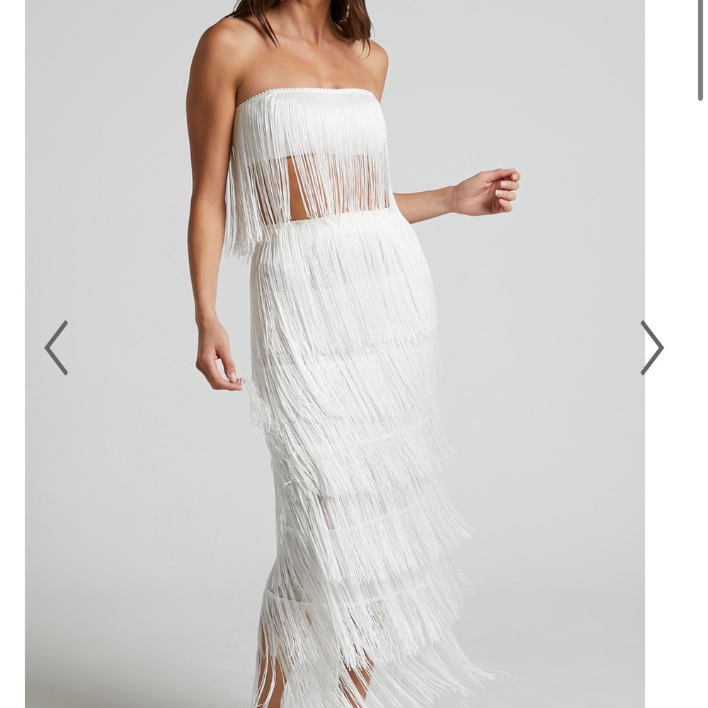 White Fringe Strapless Dress